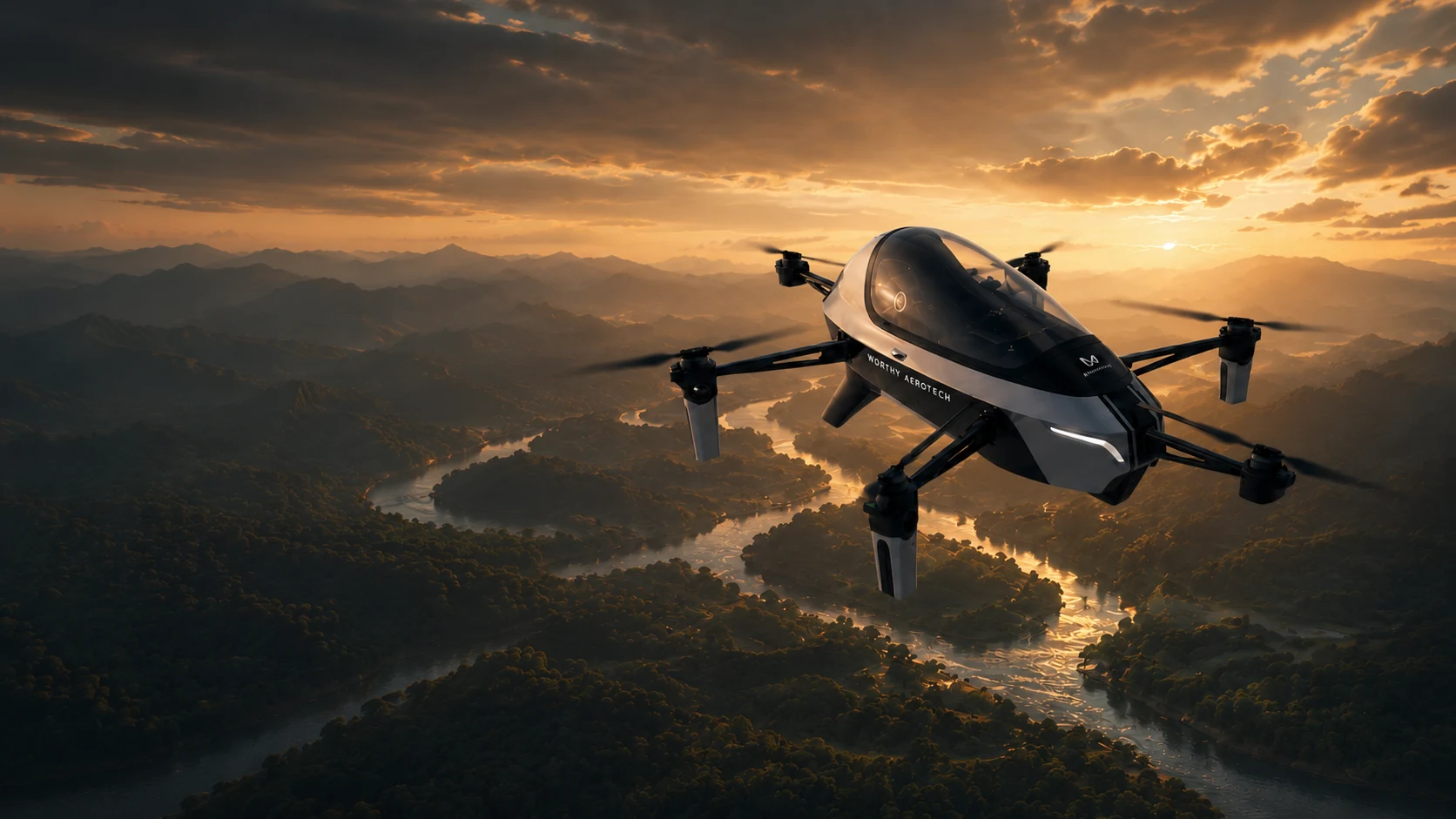 WorthyAero R1 flying above a mountain valley